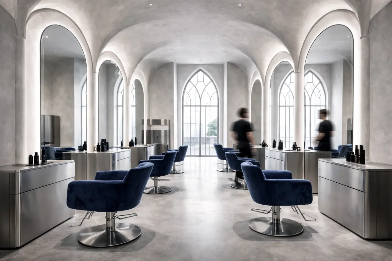 Illustrative salon interior with styling chairs, mirrors, and a central aisle