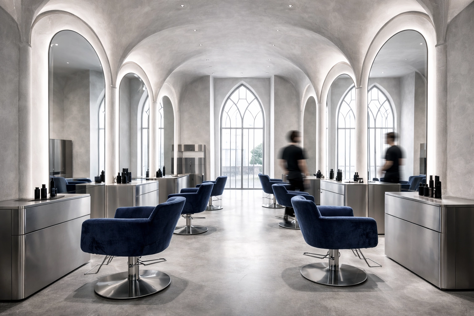 Illustrative salon interior with paired styling stations and a central aisle